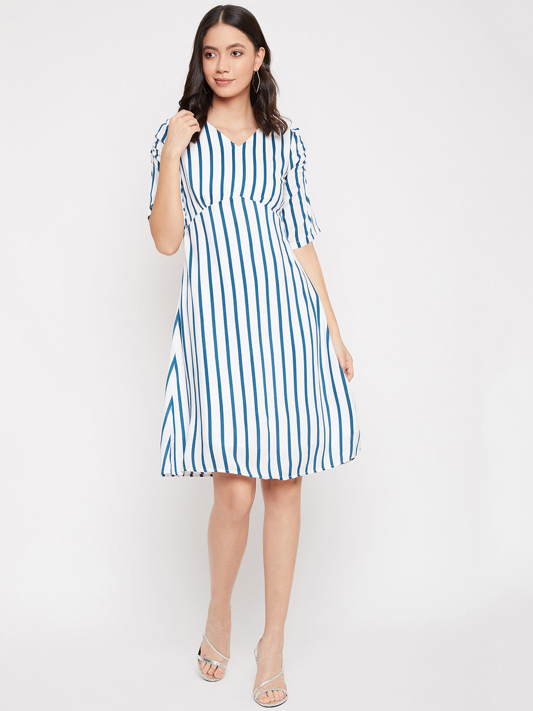 Blue and White Striped Empire Dress - Women Dresses