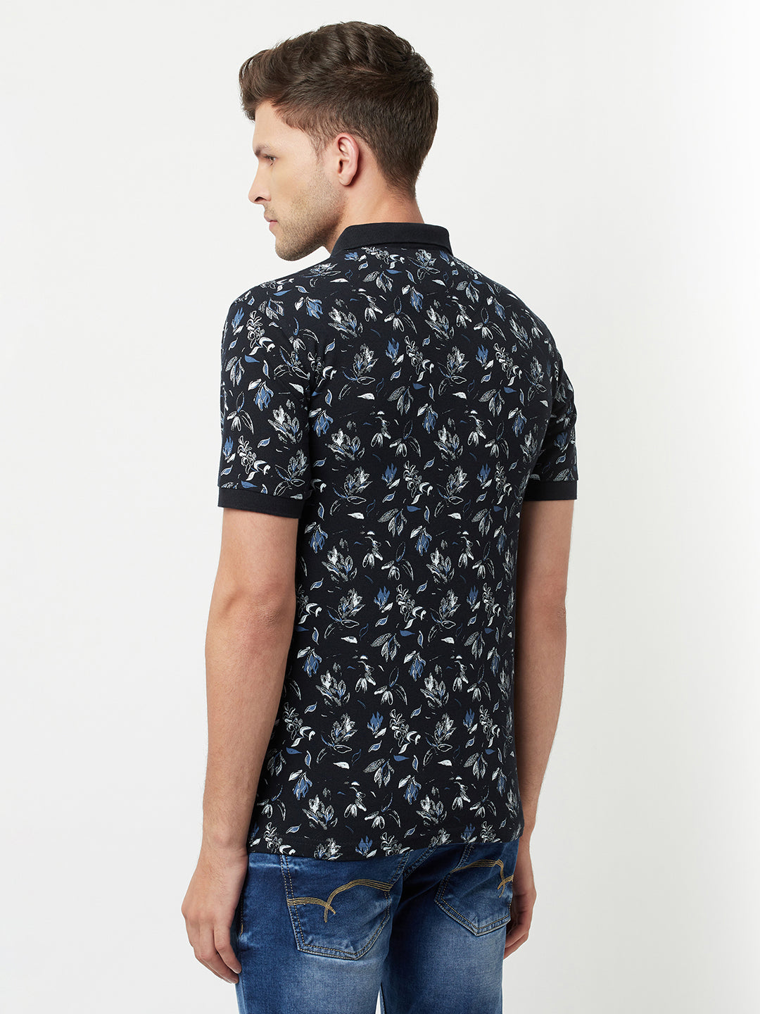 Navy Blue Floral Printed Polo T-Shirt-Men T-Shirts-Crimsoune Club