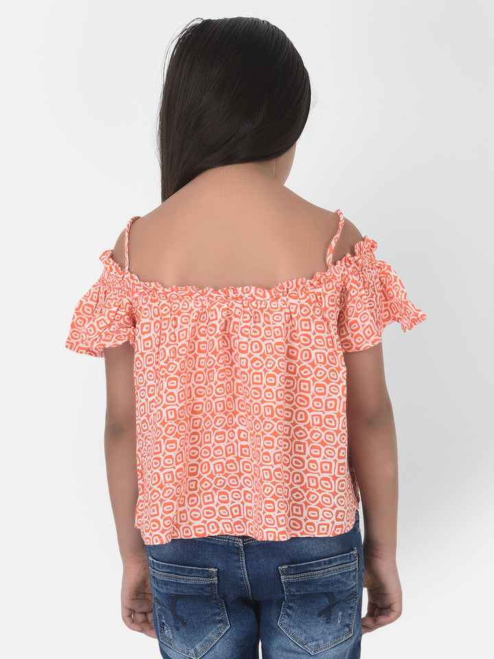 Orange Printed Cold Shoulder Crop Top - Girls Tops