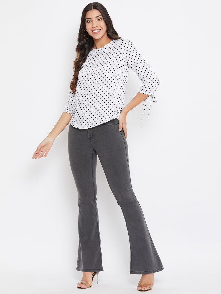White Pokla Dots Slim Fit Top - Women Tops