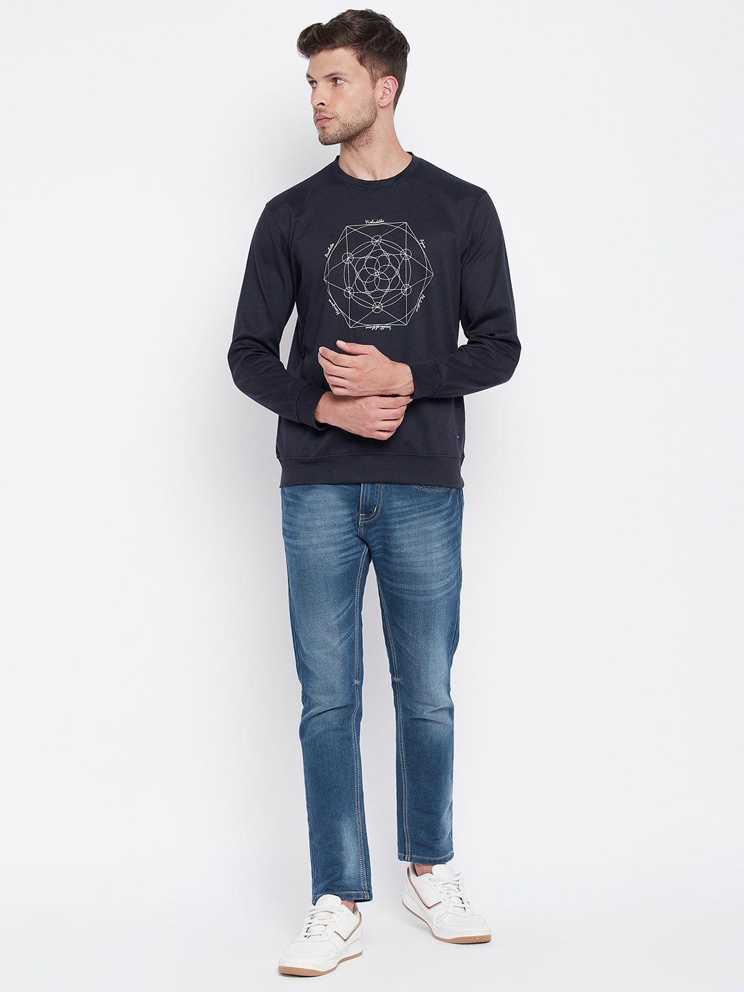 Navy Blue Printed Round Neck Sweatshirt - Men Sweatshirts