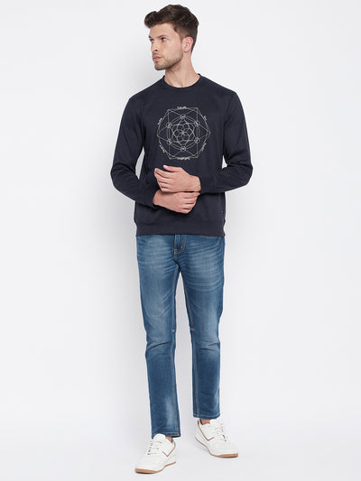 Navy Blue Printed Round Neck Sweatshirt - Men Sweatshirts