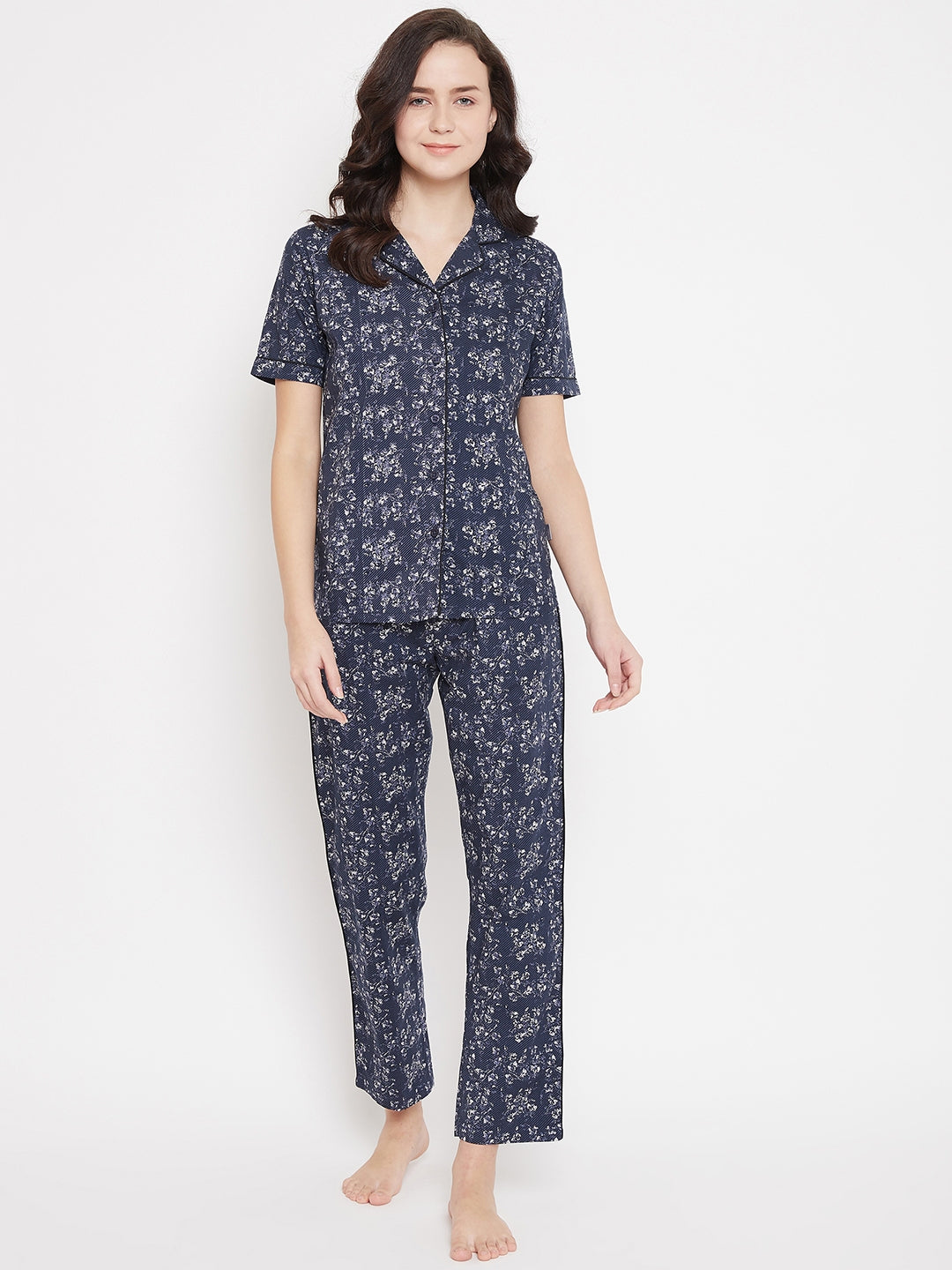 Navy Blue Printed Slim Fit Night Suits - Women Night Suits