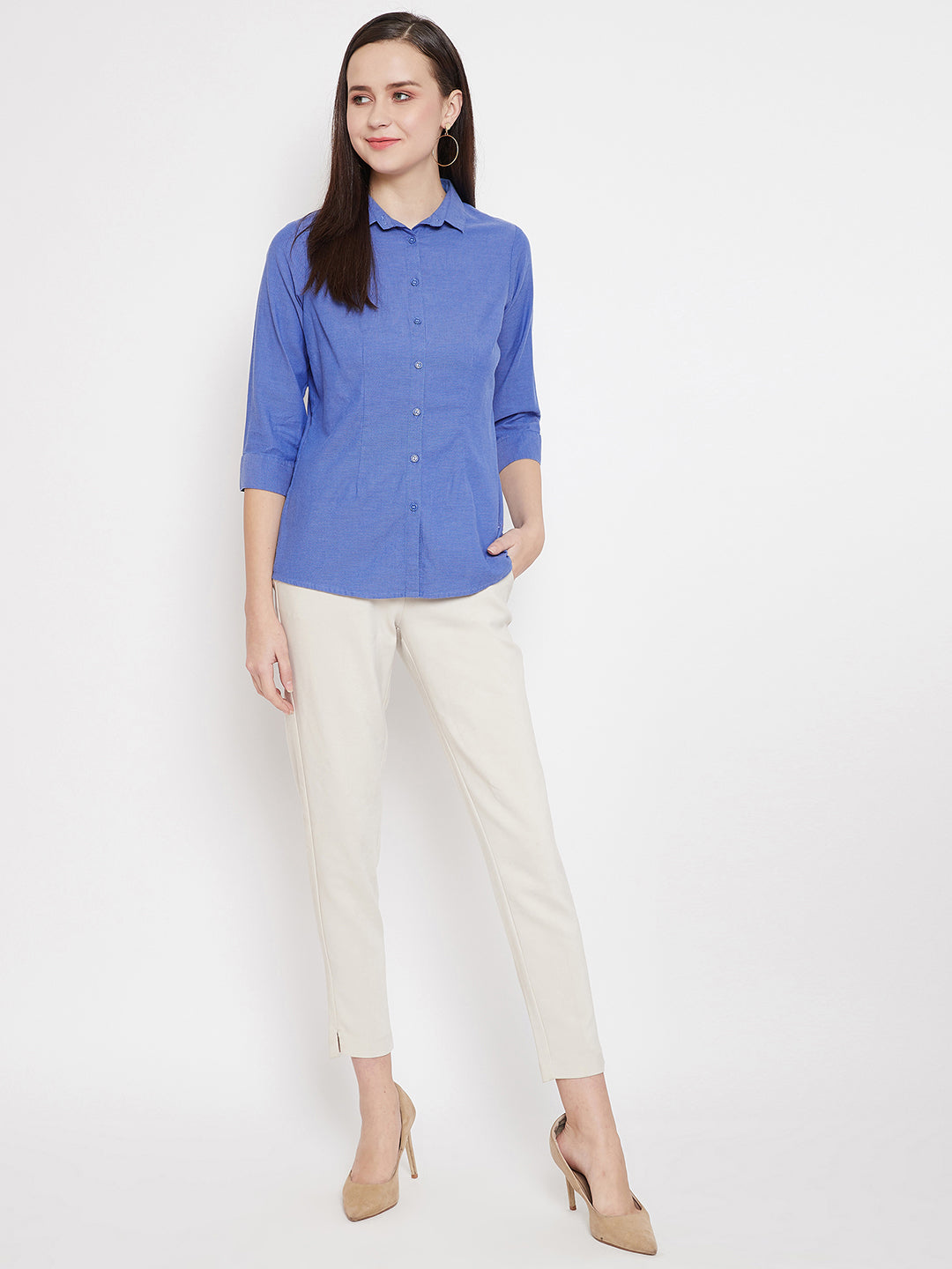 Blue Slim Fit Button up Shirt - Women Shirts