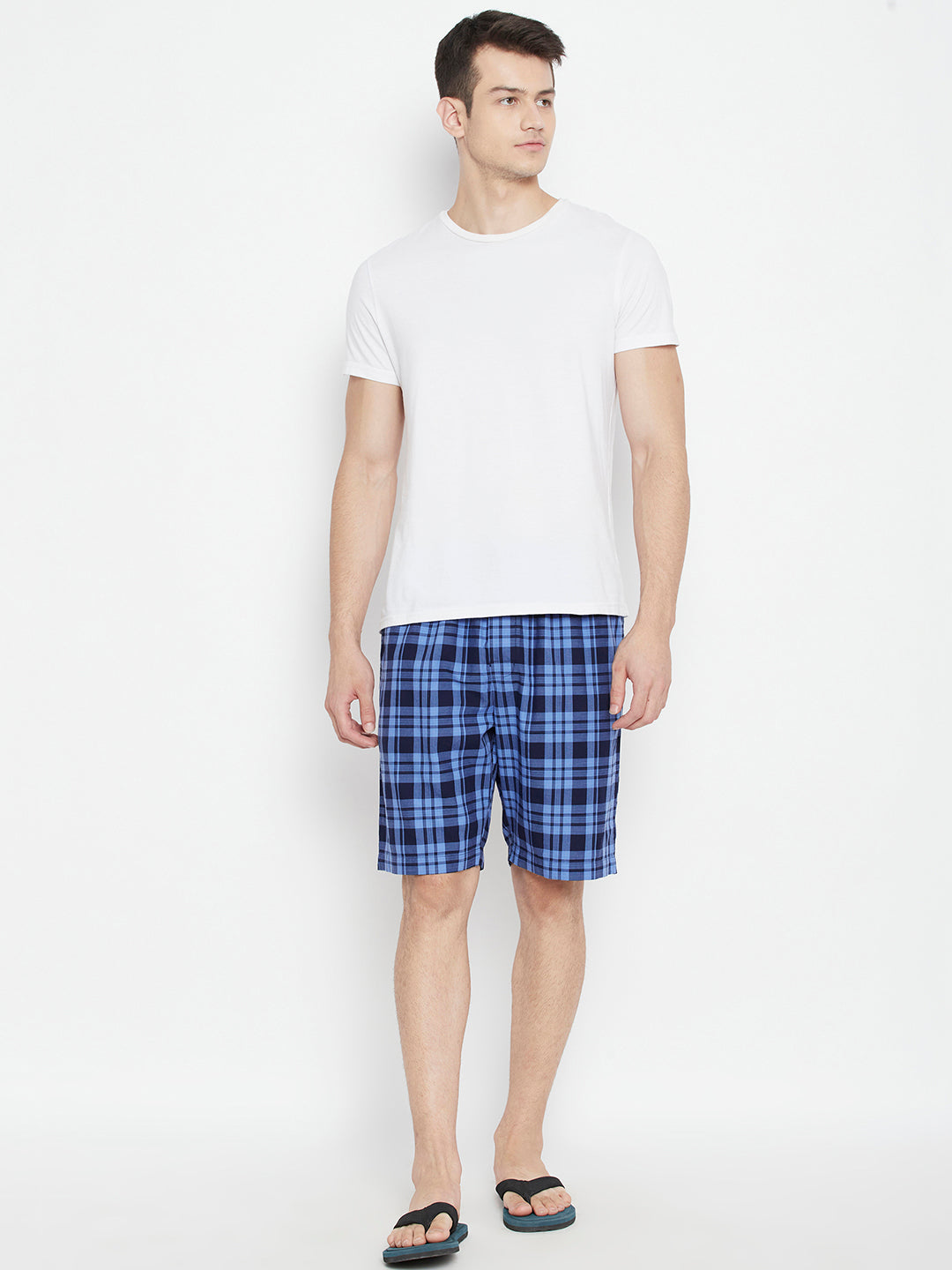 Blue Checked Slim Fit Lounge Shorts - Men Lounge Shorts