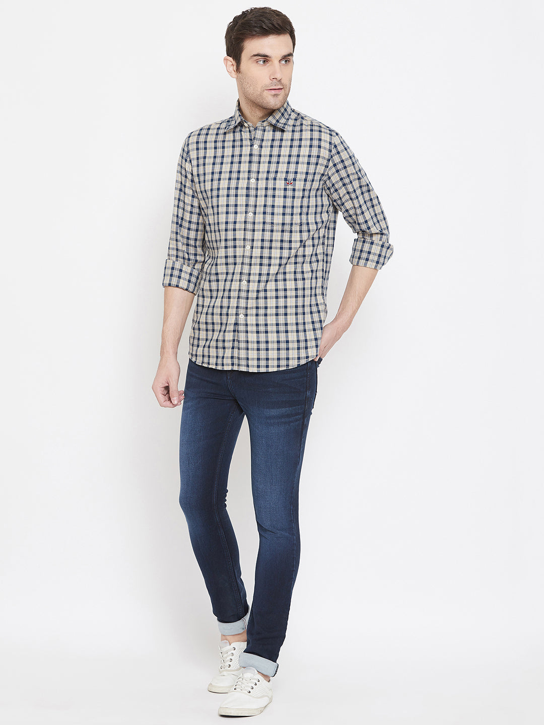 Beige Checked Spread Collar Slim Fit Shirt - Men Shirts