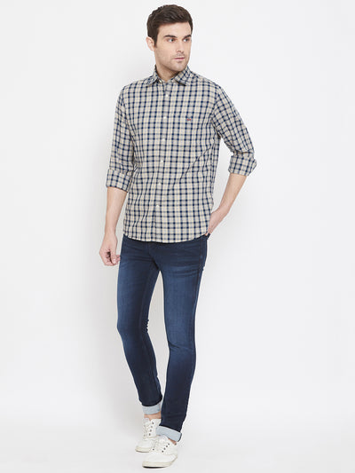 Beige Checked Spread Collar Slim Fit Shirt - Men Shirts