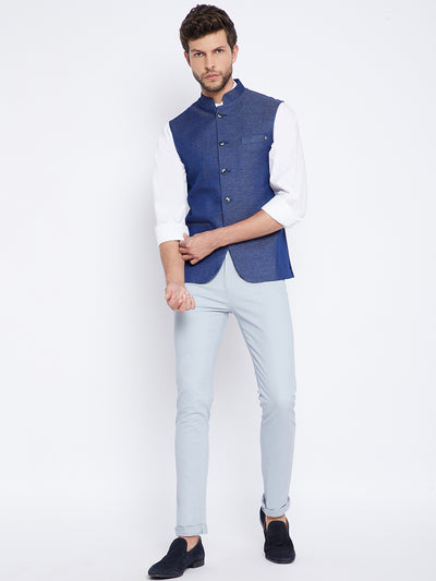 Blue Printed Waistcoat - Men Waist Coat