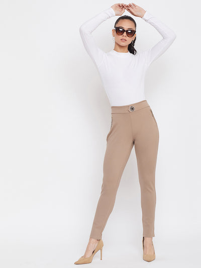 Beige Skinny fit Cigarette Trousers - Women Trousers