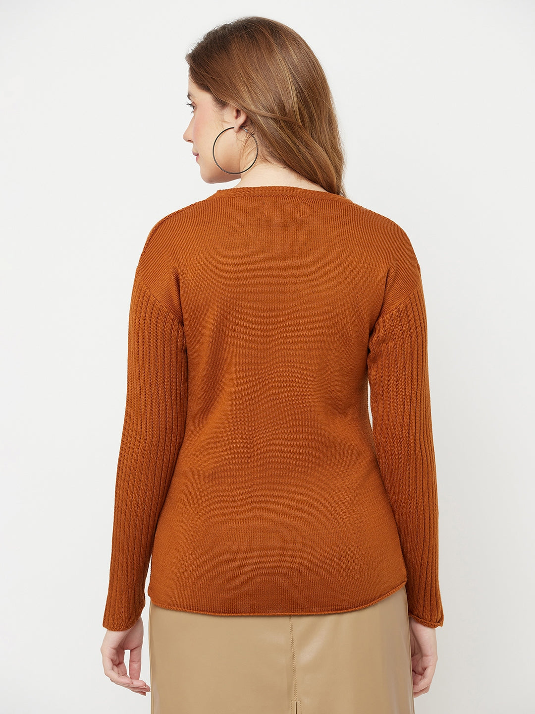 Brown Round Neck Sweater - Women Sweaters