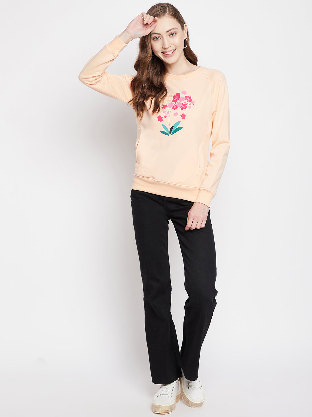 Orange Floral Round Neck Sweatshirt - Women Sweatshirts