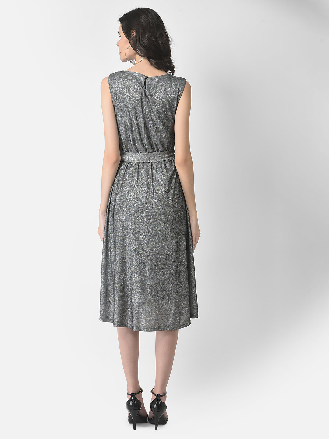 Grey Belted Shimmer Dress-Women Dresses-Crimsoune Club