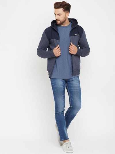 Blue Colorblocked Hooded Sweatshirt - Men Sweatshirts
