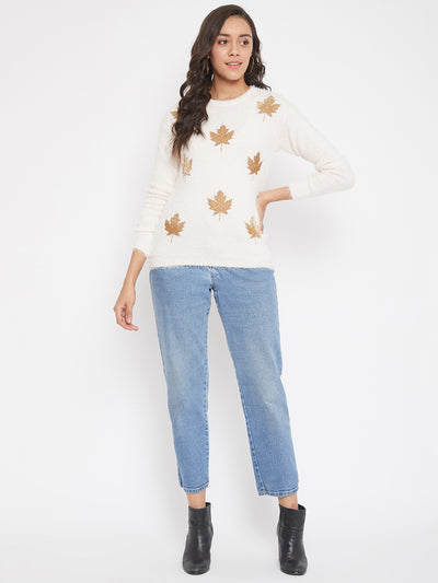 Cream Printed Round Neck Sweater - Women Sweaters