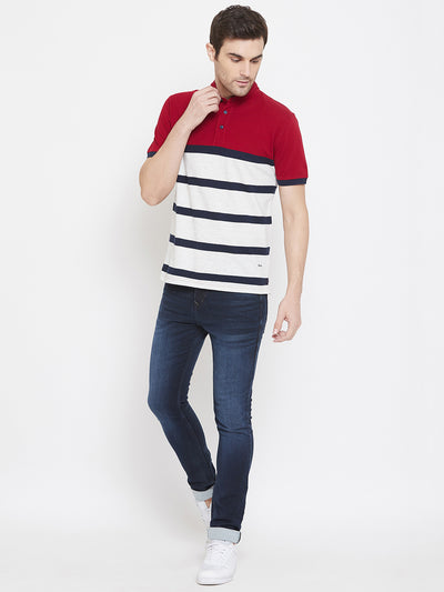 Red Striped Mandarin Neck T-Shirt - Men T-Shirts