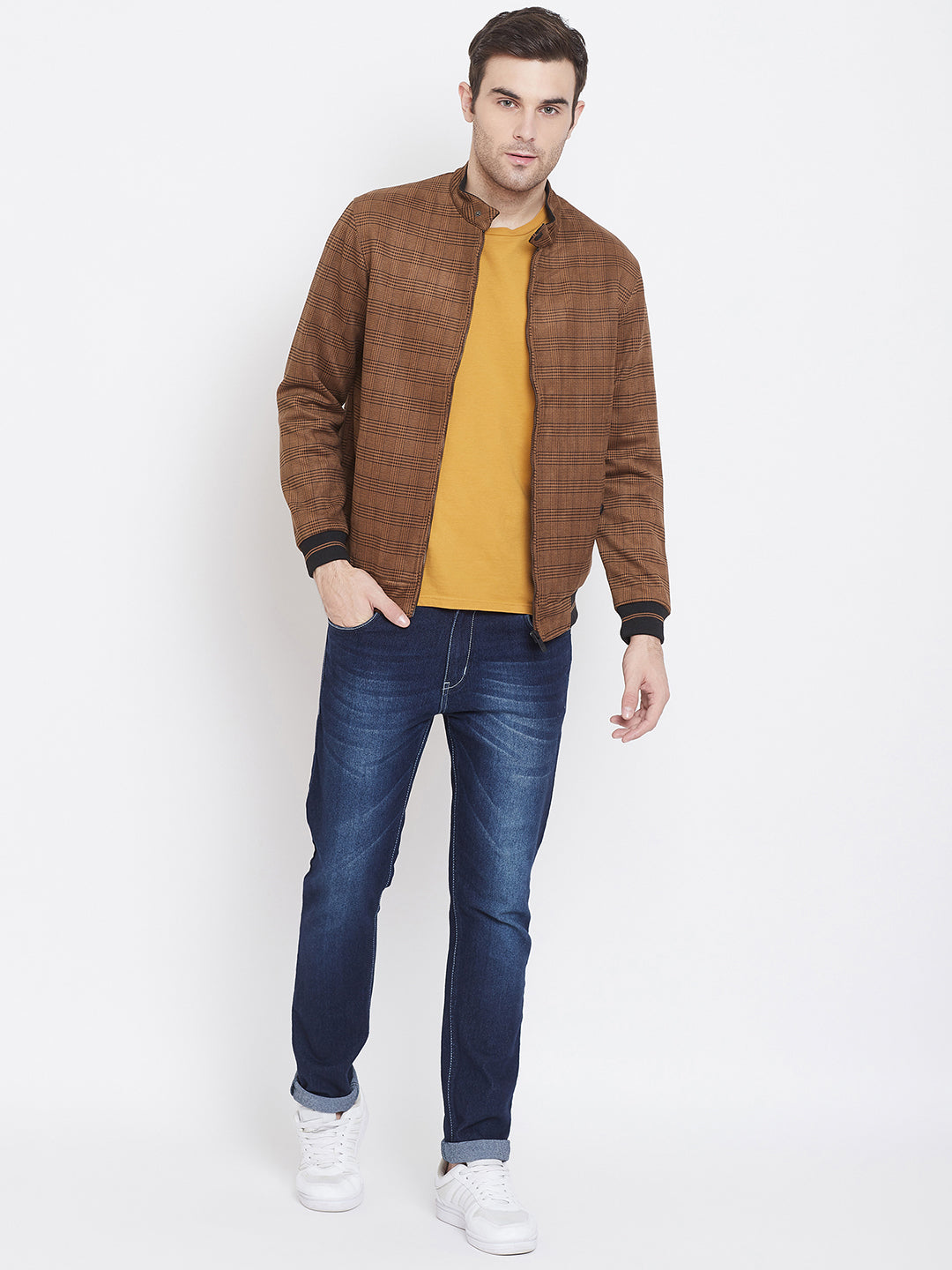 Brown Checked Mock Neck Jackets-Mens Jacket-Crimsoune Club