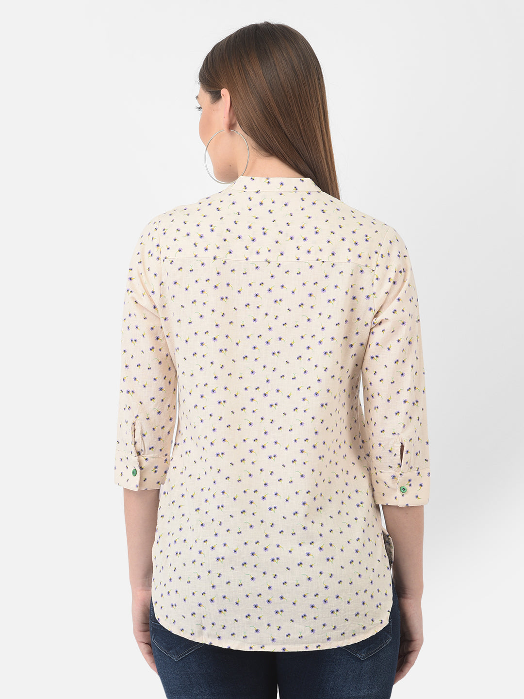 Beige Floral Printed Linen Mandarin Collar Shirt - Women Shirts