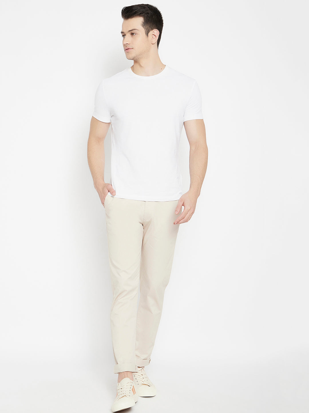 Cream Slim Fit Trousers - Men Trousers