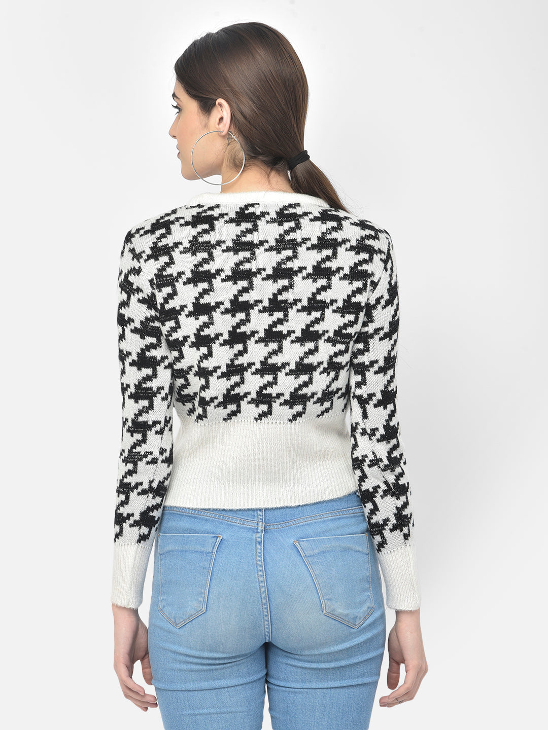 White Printed Cropped Sweater - Women Sweaters