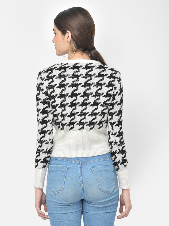 White Printed Cropped Sweater - Women Sweaters