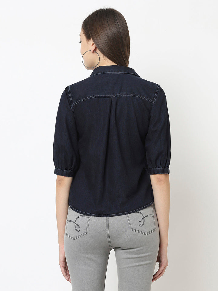 Navy Blue Denim Crop Top with Patch Pocket Detail