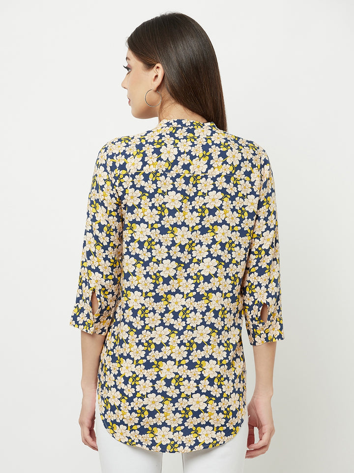 Multi-Color Floral Printed Mandarin Collar Top - Women Tops