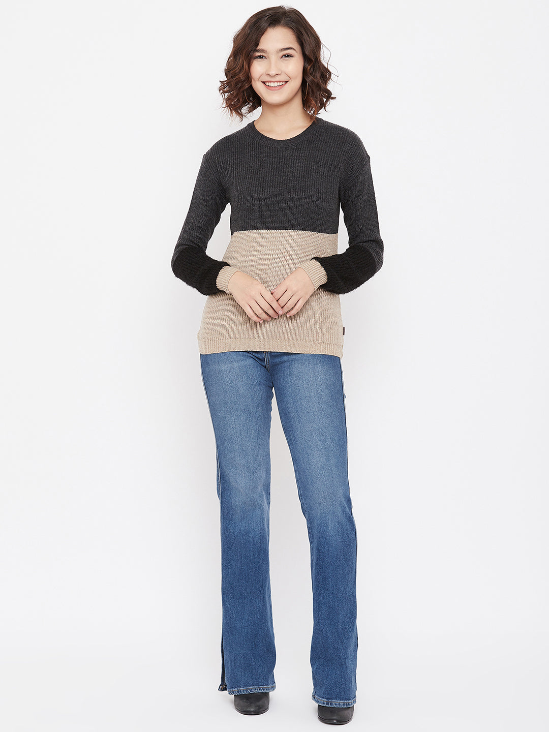 Grey Colorblocked Round Neck Sweater - Women Sweaters