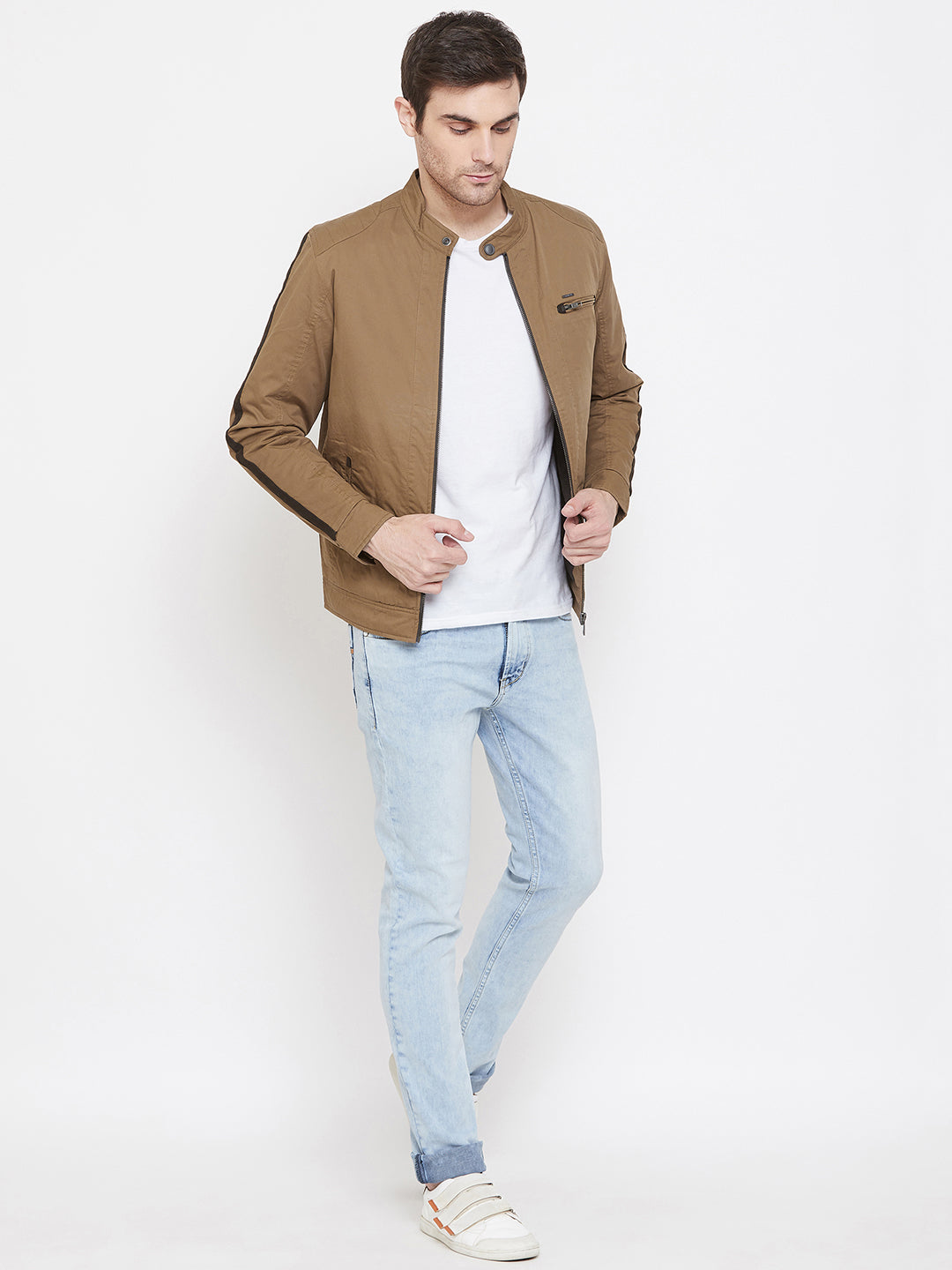 Brown Solid Mandarin Collar Jackets-Mens Jacket-Crimsoune Club