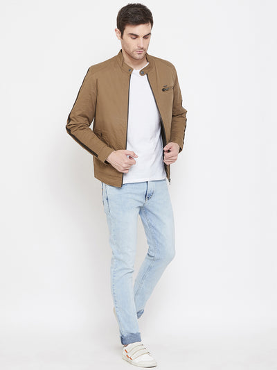 Brown Solid Mandarin Collar Jackets-Mens Jacket-Crimsoune Club
