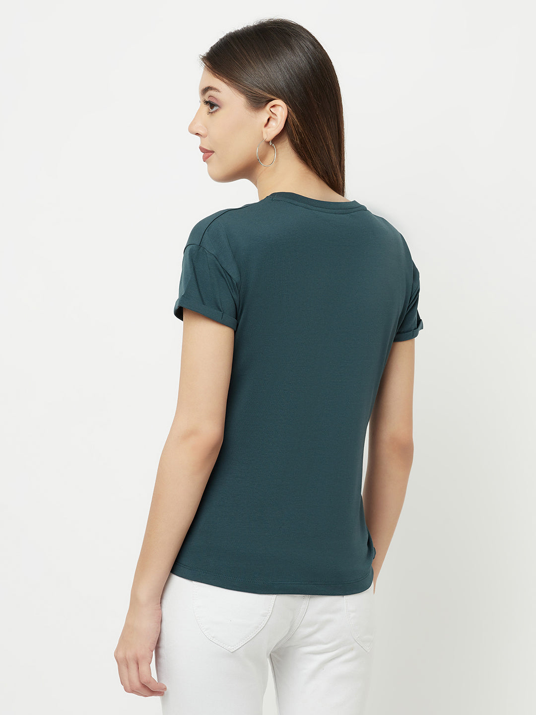 Green Printed Round Neck T-Shirt With Knot - Women T-Shirts