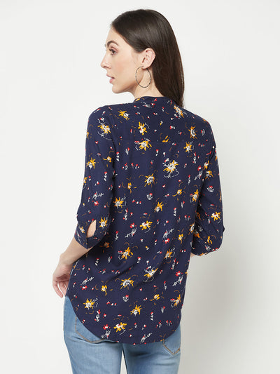  Navy Blue Floral Mandarin Shirt
