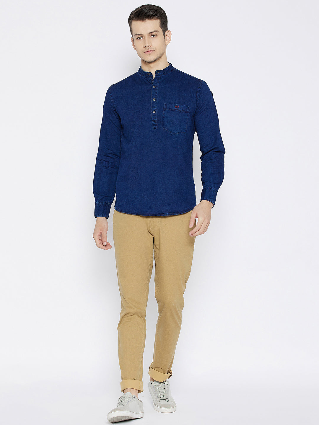 Navy Blue Slim Fit Denim Kurta - Men Kurtas