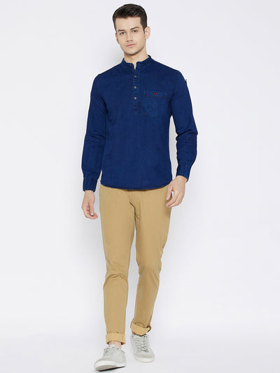 Navy Blue Slim Fit Denim Kurta - Men Kurtas