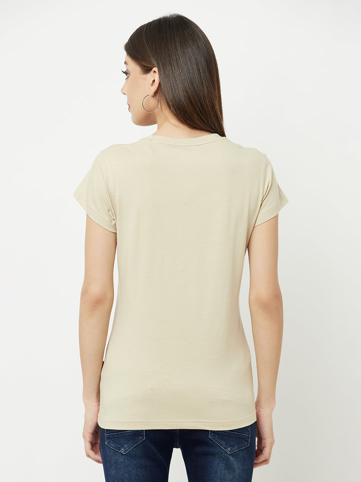 Beige Graphic Printed Round Neck T-Shirt - Women T-Shirts