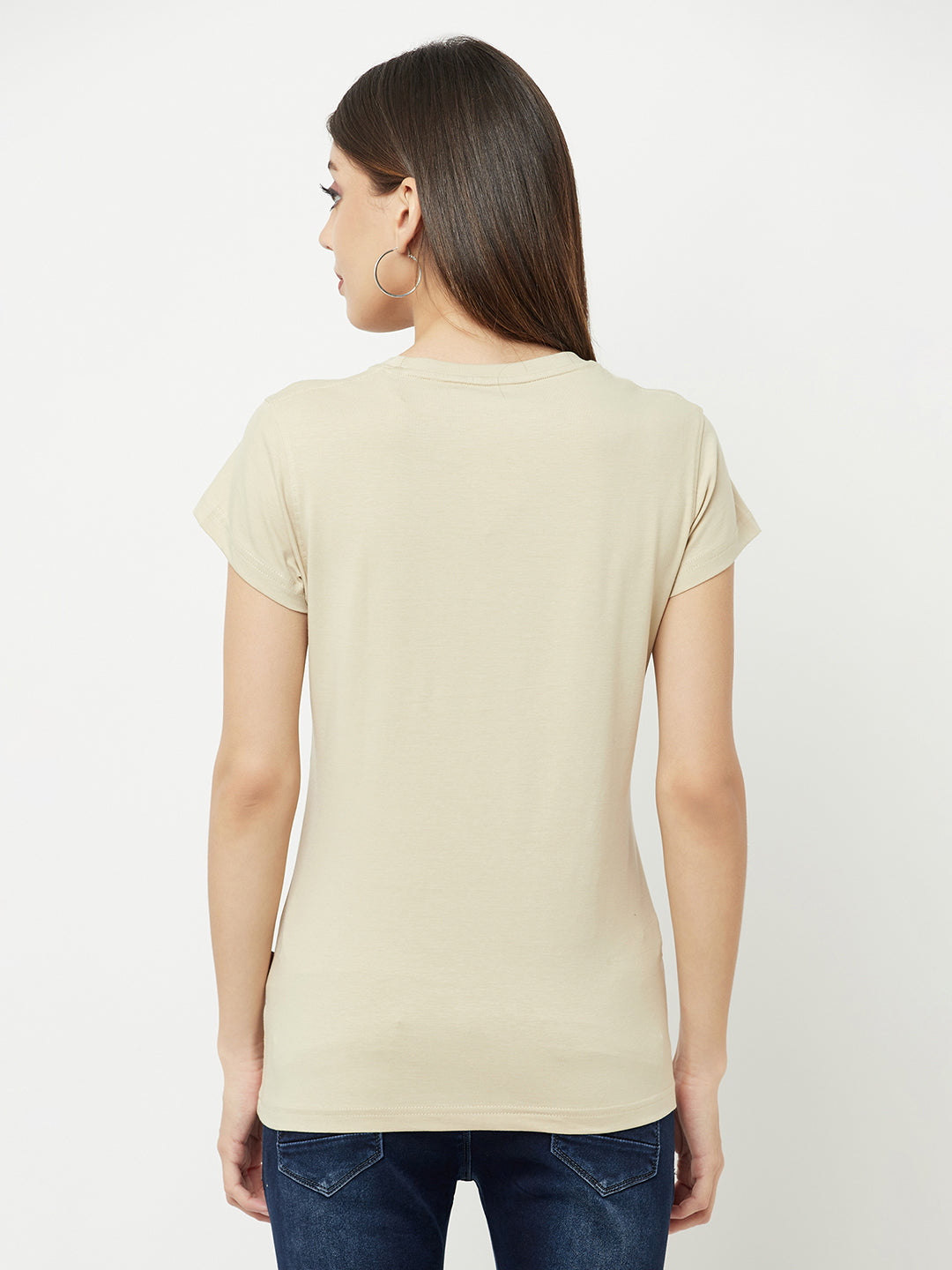 Beige Graphic Printed Round Neck T-Shirt - Women T-Shirts