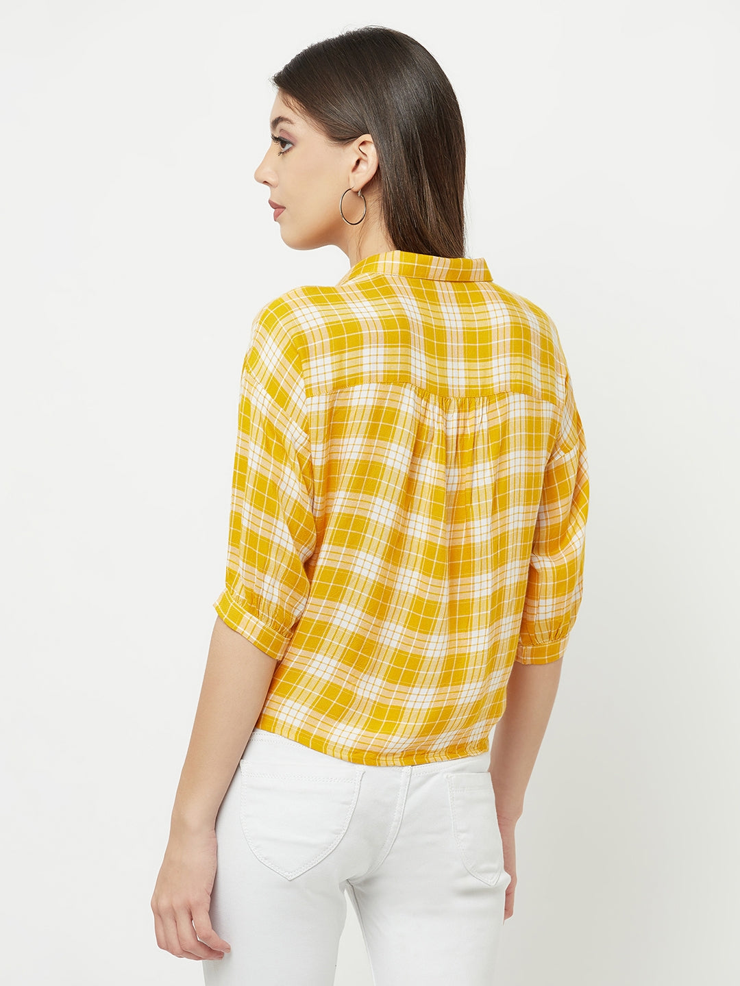 Mustard Checked Multi Pocket Cropped Shirt - Women Shirts