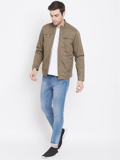 Beige Solid Mandarin Collar Jackets-Mens Jacket-Crimsoune Club