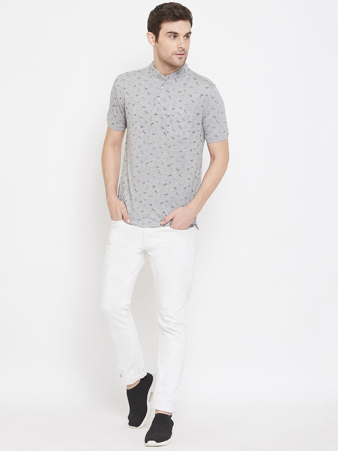 Grey Printed Mandarin Neck T-Shirt - Men T-Shirts