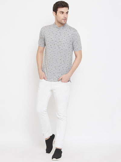 Grey Printed Mandarin Neck T-Shirt - Men T-Shirts