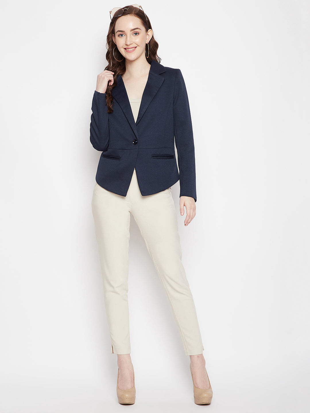 Navy Blue Notched Lapel Blazer - Women Blazer