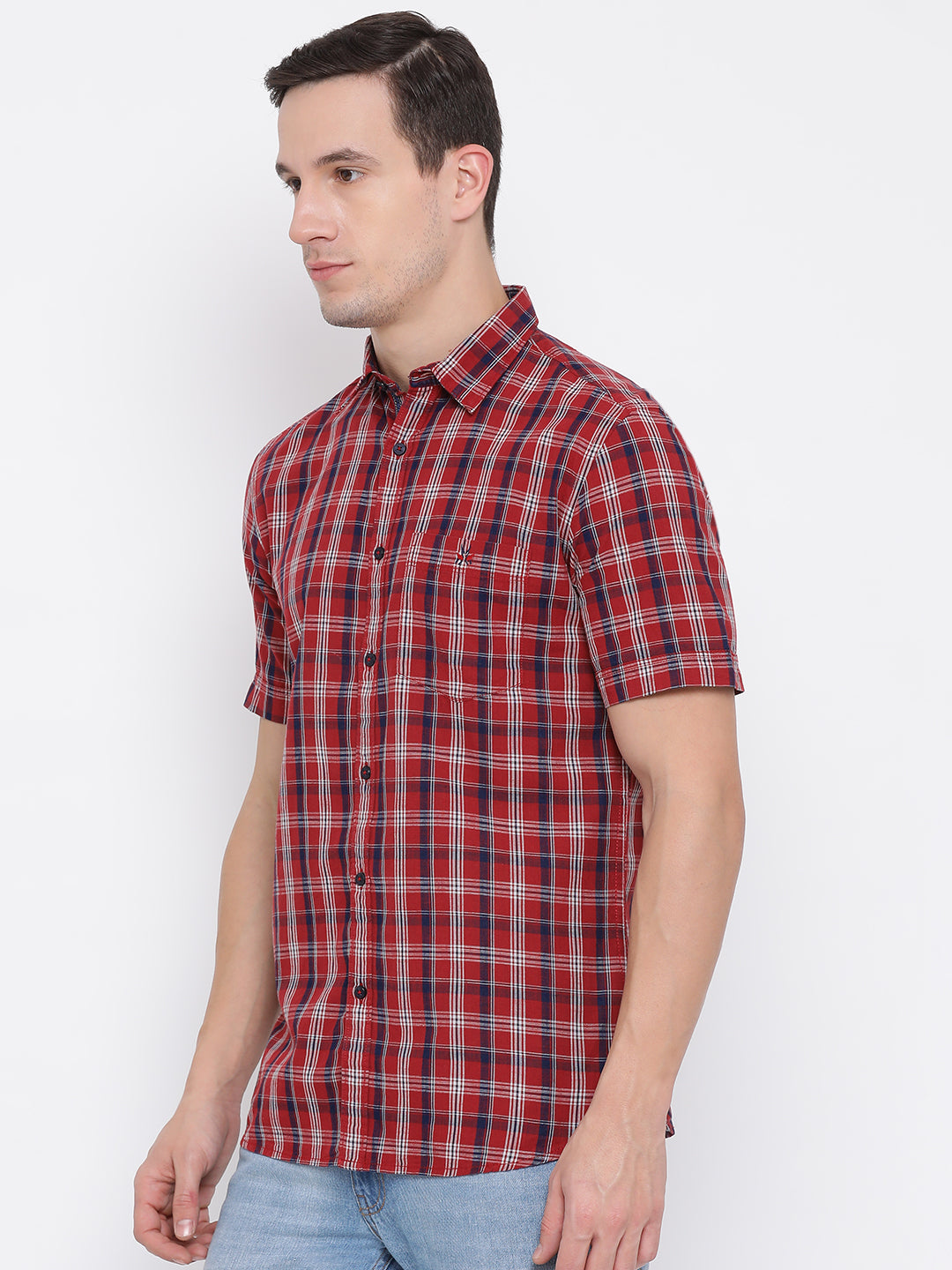 Red Checked Spread Collar Slim Fit Shirt - Men Shirts