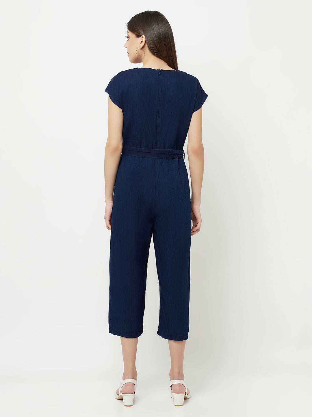 Navy Blue Denim Capri Jumpsuit - Women Jumpsuits