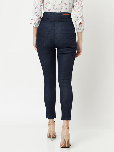 Navy Blue High waist Jeans With Belt-Women Jeans-Crimsoune Club