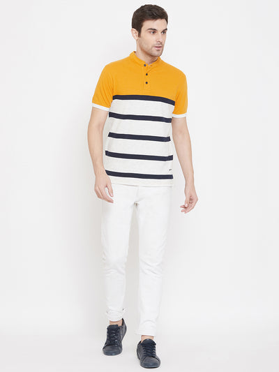 Yellow Striped Mandarin Neck T-Shirt - Men T-Shirts