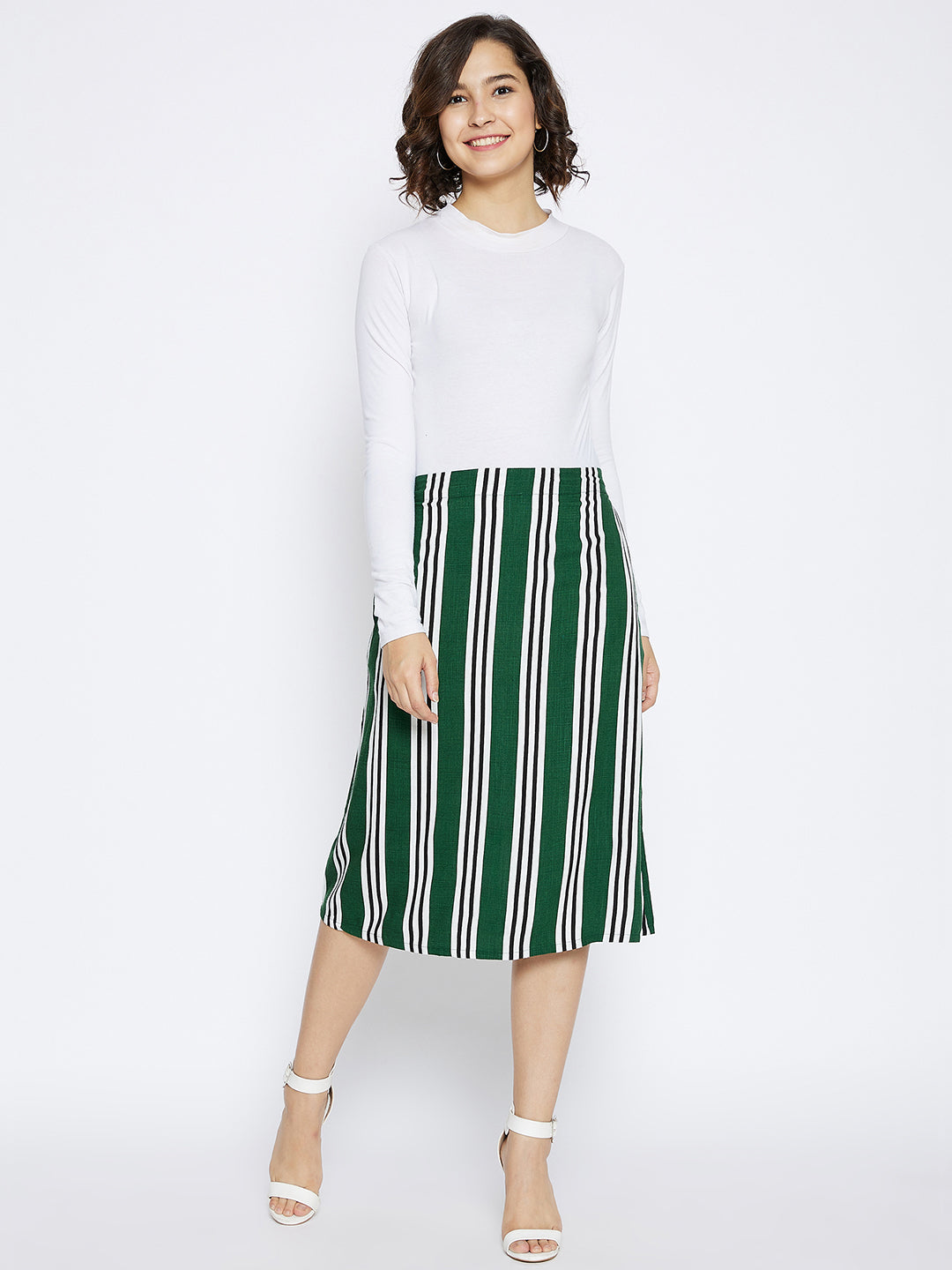 Green Striped Comfort Fit Skirt - Women Skirts
