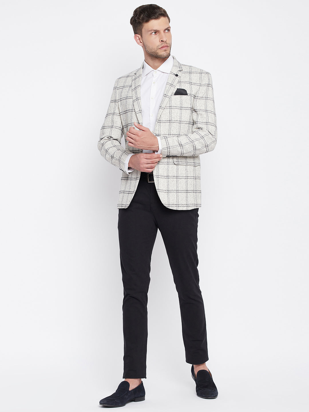 Grey Checked Notched Lapel Blazer - Men Blazers