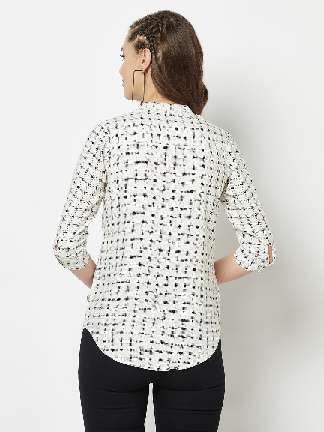  White Checkered Henley-Neck Shirt