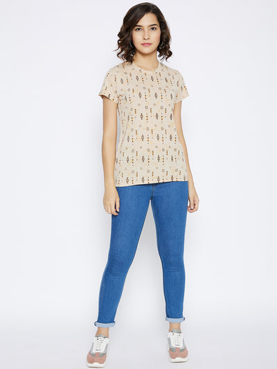 Beige Printed Round Neck T-shirt - Women T-Shirts