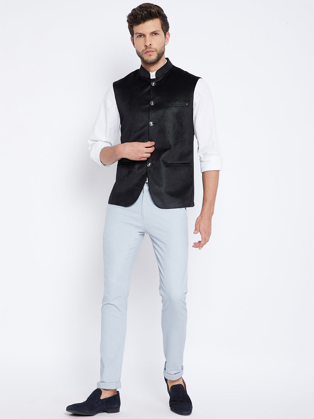 Black Printed Mandarin Waistcoat - Main Image