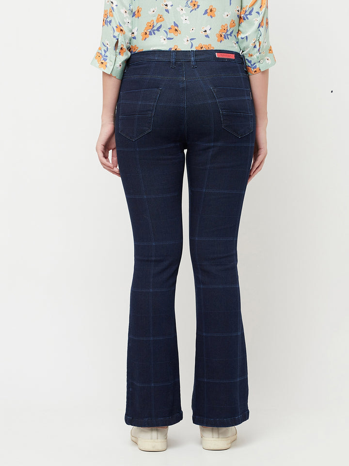 Navy Blue Checked Boot Cut Jeans - Women Jeans